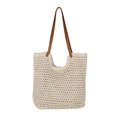 Minimalist crochet tote bag in cream white with brown faux leather handles for summer - Off White