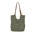 Fashionable army green knit tote bag with brown leather handles and gray inner lining - Green