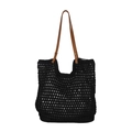 Chic black knitted hollow-out tote bag with brown leather handles and rivet details - Black