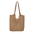 Knitted hollow tote bag in natural khaki with brown PU leather straps and lining - Brown