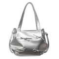 Bolso de mano de cuero PU plateado con textura metálica, cuatro lazos y doble asa - Plateado