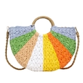 Borsa tote semicircolare in paglia colorata con motivi a arcobaleno e manici tondi - Khaki Blu