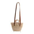 Stroh-Eimertasche mit braunem Lederriemen und Kordelzug-Canvas-Futter für Damen - Beige