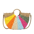 Borsa a mano colorata in paglia intrecciata con strisce arcobaleno e manici tondi - Cachi Rosa Rosso
