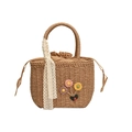 Handwoven straw tote bag with 3D flowers, ladybug decor and white lace ribbon - Khaki
