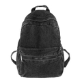 Classic black denim backpack for women with vintage washed texture and front zip pocket - Black