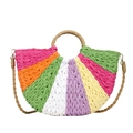 Multicolor woven straw handbag with a round top handle and detachable shoulder strap - Purple Rose Red
