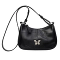 Schicke schwarze PU-Umhängetasche mit geometrischer Paspelierung und Silber-Schmetterling - Schwarz