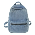 Light blue washed denim backpack featuring front zipper pocket and adjustable straps - Light Blue