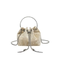 Schampagnerfarbene Samt-Beuteltasche mit rundem Metallgriff und Kettenzugband - Khaki