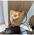 Straw bucket bag with cream flower and cherry pendant, beige woven texture - Off-white Flower
