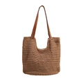 Braune Stroh-Tragetasche mit Kunstledergriffen und metallischen Nietendetails - Khaki