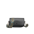Black pebbled PU leather crossbody bag with vintage ethnic pattern wide strap and gold buckle - Black