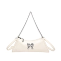 Creamy white PU leather shoulder bag with silver bow detail and metal chain strap - Off White