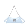 Chic light blue PU leather crossbody bag with silver butterfly bow and chain strap - Blue