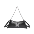 Trend black PU leather crossbody bag with silver bow buckle and chain strap - Black