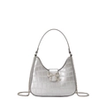 Silver crocodile pattern hobo bag with rhinestone bow buckle and metal chain strap - Silver Large