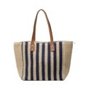 Vintage Strohtasche mit beige-blauen Streifen und braunen Kunstledergriffen für Sommer - Blau