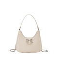 Elegant cream PU leather shoulder bag with crocodile pattern and rhinestone bow detail - Rice White Large