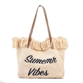Bolso tote de tejido beige con flecos y bordado Summer Vibes con asas de color marrón - Blanco Roto
