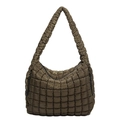Deep olive green quilted cloud puffer tote bag with square padded texture and zipper - 39*36*15 / Brown