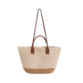Sac fourre-tout bohème en paille tressée avec poignées en cuir et texture géométrique - Kaki