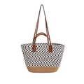 Sac fourre-tout tissé à la main avec motif à carreaux noir et blanc et lanières en cuir - Noir