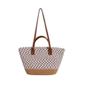 Grand sac cabas bohème en paille bicolore avec poignées en cuir marron et bandoulière - café