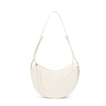 Detail of minimalist cream PU leather crescent bag with thin shoulder strap and zipper - White