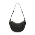 Minimalist black PU crescent shoulder bag with white contrast stitching and gold hardware - Black