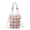 Borsa a secchiello fatta a mano con perline, motivo floreale rosso e tracolla di perle - Rosso Bianco