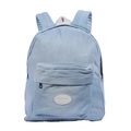 Minimalistischer hellblauer Denim-Rucksack mit Vordertasche und Musiluo-Etikett in Studioaufnahme - Hellblau