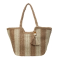 Chic woven striped beach tote bag with decorative tassel and wooden bead accents - Khaki