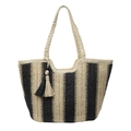 Minimalist hand-woven straw tote bag with black and white vertical stripes and tassel charm - Black