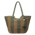 Green and brown striped woven tote bag with bohemian tassel and shell charm detail - Green