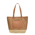 Sac fourre-tout tissé en paille minimaliste avec poignées en similicuir marron - Kaki