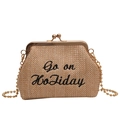 Handgefertigte Stroh-Handtasche in Beige mit Metallrahmen und Go on Holiday Stickerei - Khaki