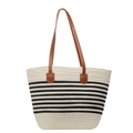 Sac fourre-tout tissé minimaliste à rayures crème et noir avec poignées en cuir - Noir