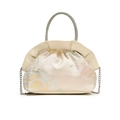 Elegant champagne satin evening bag with floral embroidery and rhinestone top handle - White