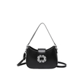 Elegante bolso de hombro media luna negro para mujer con hebilla de strass plateada - Negro