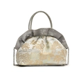 Elegant PU handbag with traditional landscape embroidery, ruffle trim, and crystal handle - Silver