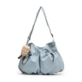 Light blue nylon crossbody bag with drawstring pockets and a cute coffee cup plush charm - Blue