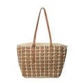 Summer woven straw tote bag featuring brown checkered pattern and leather handles - Off-white