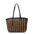 Minimalist straw tote bag with black grid pattern and leather-like double handles - Black and Khaki