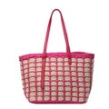 Fashion woven straw tote bag in rose red and beige checkered pattern with leather straps - Rose Red