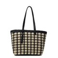 Straw tote bag with black and white checkered woven pattern and leather straps - Black and White