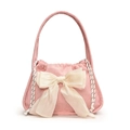 Rosa Cord-Handtasche mit großer cremefarbener Seidenschleife und seitlichen Kordelzügen - Rosa