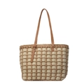Sac fourre-tout en paille tissée avec motif à carreaux beige et anses en similicuir marron - Khaki