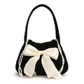 Schicke schwarze Cord-Schultertasche mit großer cremefarbener Satinschleife und Kordelzug - Schwarz