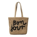 Handwoven straw tote bag with black Bonjour lettering and durable shoulder straps - Khaki and Black